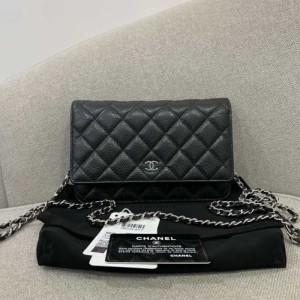 Sra. chanel, bolso de hombro, piel de litchi de plata negra