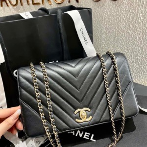 Sra. chanel, bolso de hombro, piel de vaca de oro negro en V