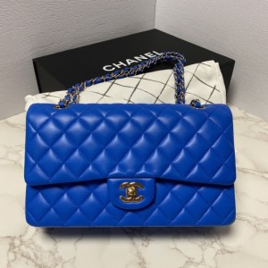 Bolso de hombro de la Sra. Chanel clásico flap (cf) piel de cordero azul tama?o medio