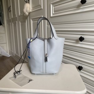 Bolso de dama Hermes picotin santo grial azul T0 hebilla de plata tama?o 18