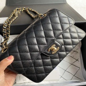 Sra. chanel, bolso de hombro, tama?o peque?o con patrón de litchi de oro negro