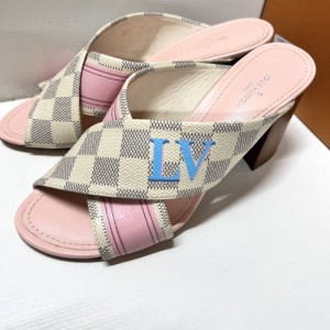 Sandalias  zapatillas de la Sra. Louis Vuitton tablero de ajedrez blanco sandalias de tacón grueso talla 35