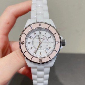 Reloj de cuarzo de la Sra. Chanel reloj de cerámica blanca rosa de la serie j12