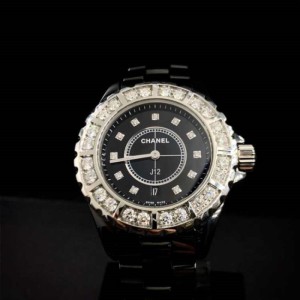 Relojes de cuarzo de la Sra. Chanel cerámica negra de Chanel j12h2428