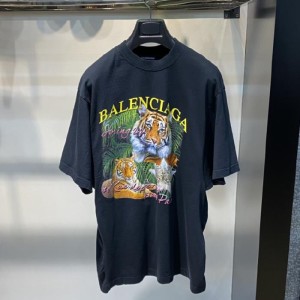 Camiseta masculina de balenciaga para hombres y mujeres misma camiseta retro Black Cotton Tiger logo estampado camiseta casual de manga corta suelta talla 2