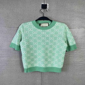 Camiseta de la Sra. Gucci doble G patrón menta cuello redondo suéter de manga corta punto Top