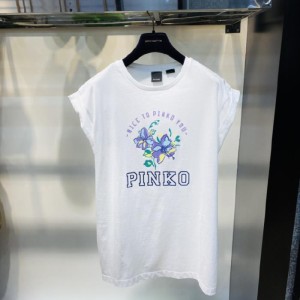 ピンゴレディースTシャツ春夏モデルレディースホワイトコットンフラワー柄レーザーロゴプリント半袖カジュアルTシャツM