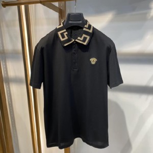 Camiseta para hombres Versace nueva camiseta negra con estampado griego bordado Medusa dorada con cabeza de manga corta y solapa polo m