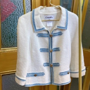 Blusa de la Sra. Chanel Chanel chaqueta de borde azul blanco 38 yardas 07p