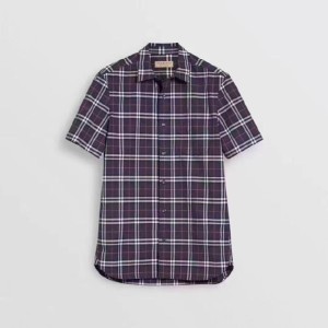 Camisa de hombre bobery azul oscuro con mangas cortas a cuadros